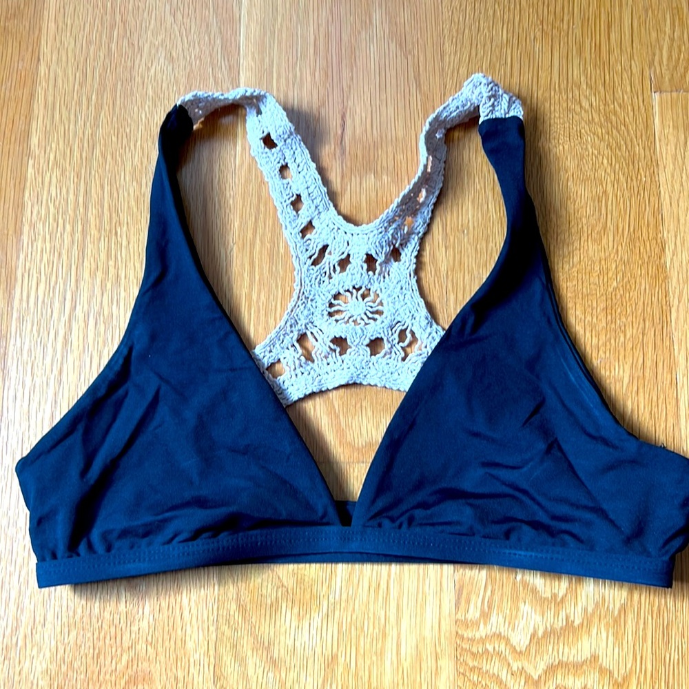 Beautiful, black and tan crocheted bikini top